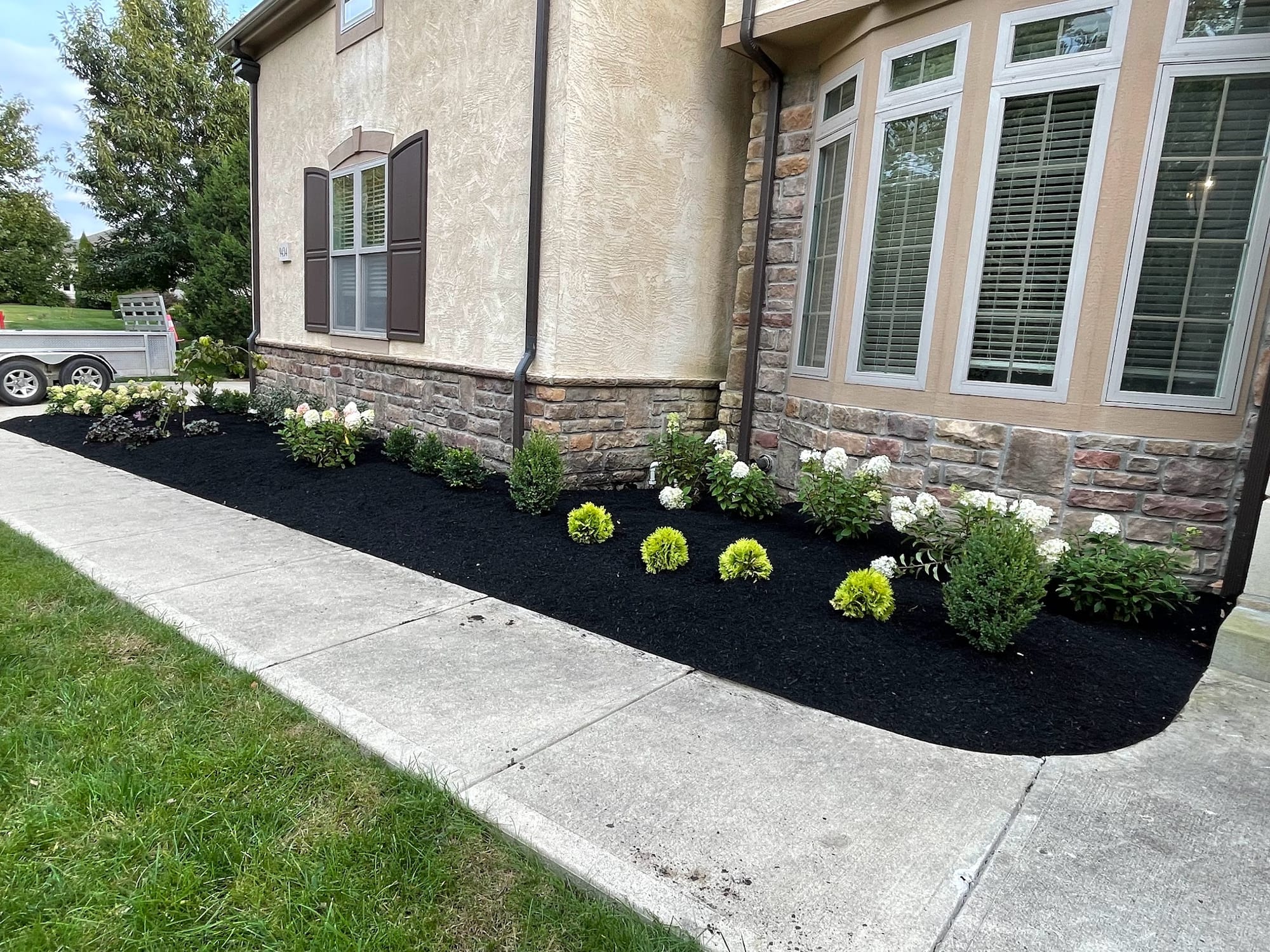Fresh mulch bed with white annuals along a walkway