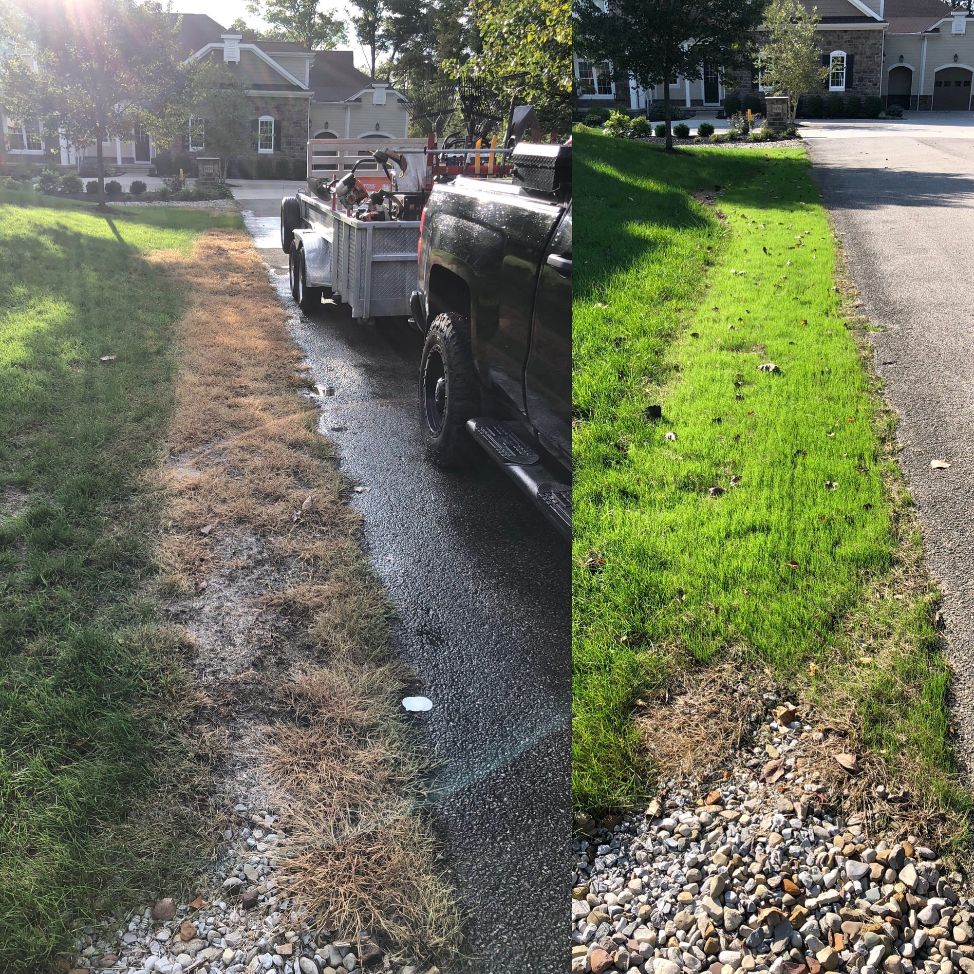 Drainage channel cut and graded beside a lawn